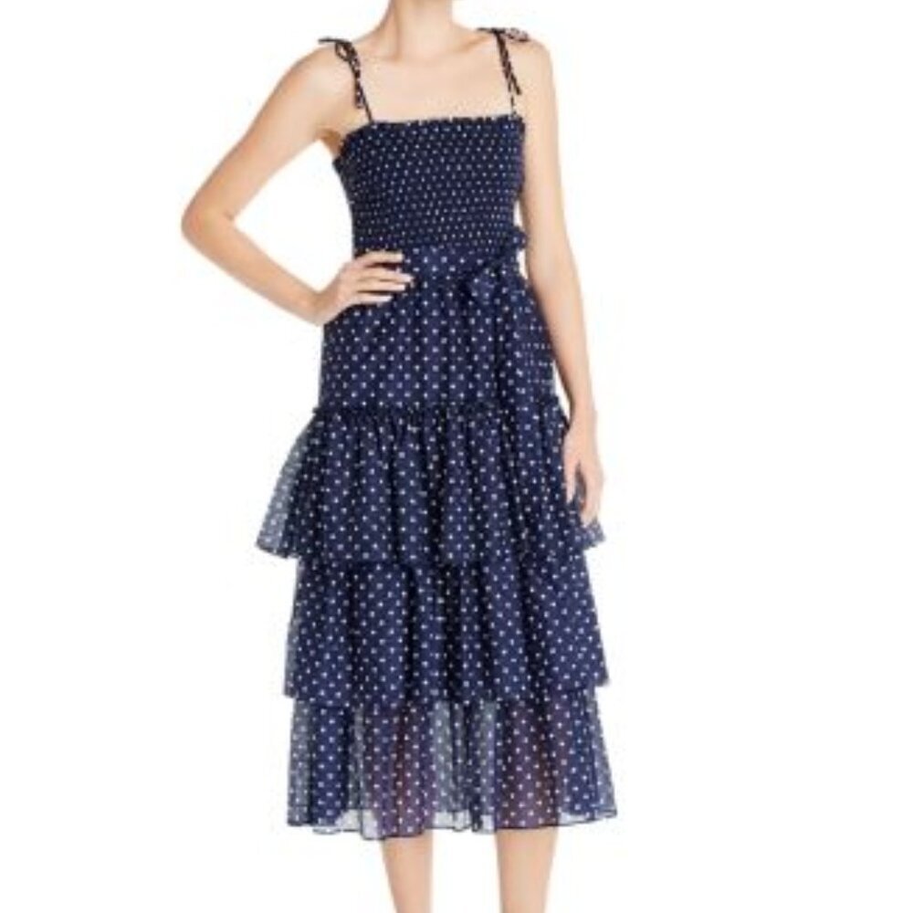 Tory Burch Silk Printed Tiered Ruffle Dress - Navy Polka Dot - size small